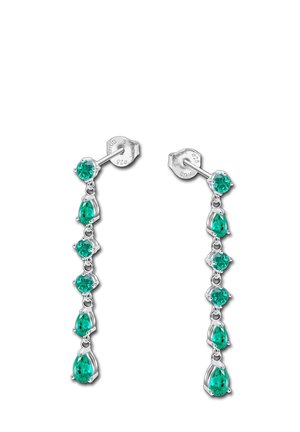 Boucles d'oreilles en argent avec des pierres vertes rondes et en forme de poire alternées, au design élégant et avec un système de fixation sécurisée.