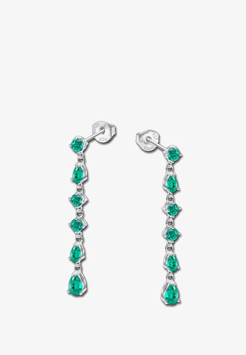 Boucles d'oreilles en argent avec des pierres vertes rondes et en forme de poire alternées, au design élégant et avec un système de fixation sécurisée.