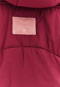 Vnitřek burgundské bundy s výplní má strukturovanou látku. Obsahuje růžovou etiketu s bílým textem a ikonou země, umístěnou na střed pod zakřivenou čarou.