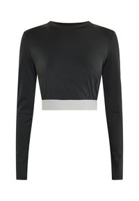 Zwarte lange mouw crop top met een ronde halslijn en een contrasterende witte band op de taille, gemaakt van een gladde, rekbare stof.