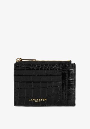 Black leather wallet with a croc-embossed texture, featuring multiple card slots, a gold zipper closure, and "LANCASTER PARIS" embossed in gold.