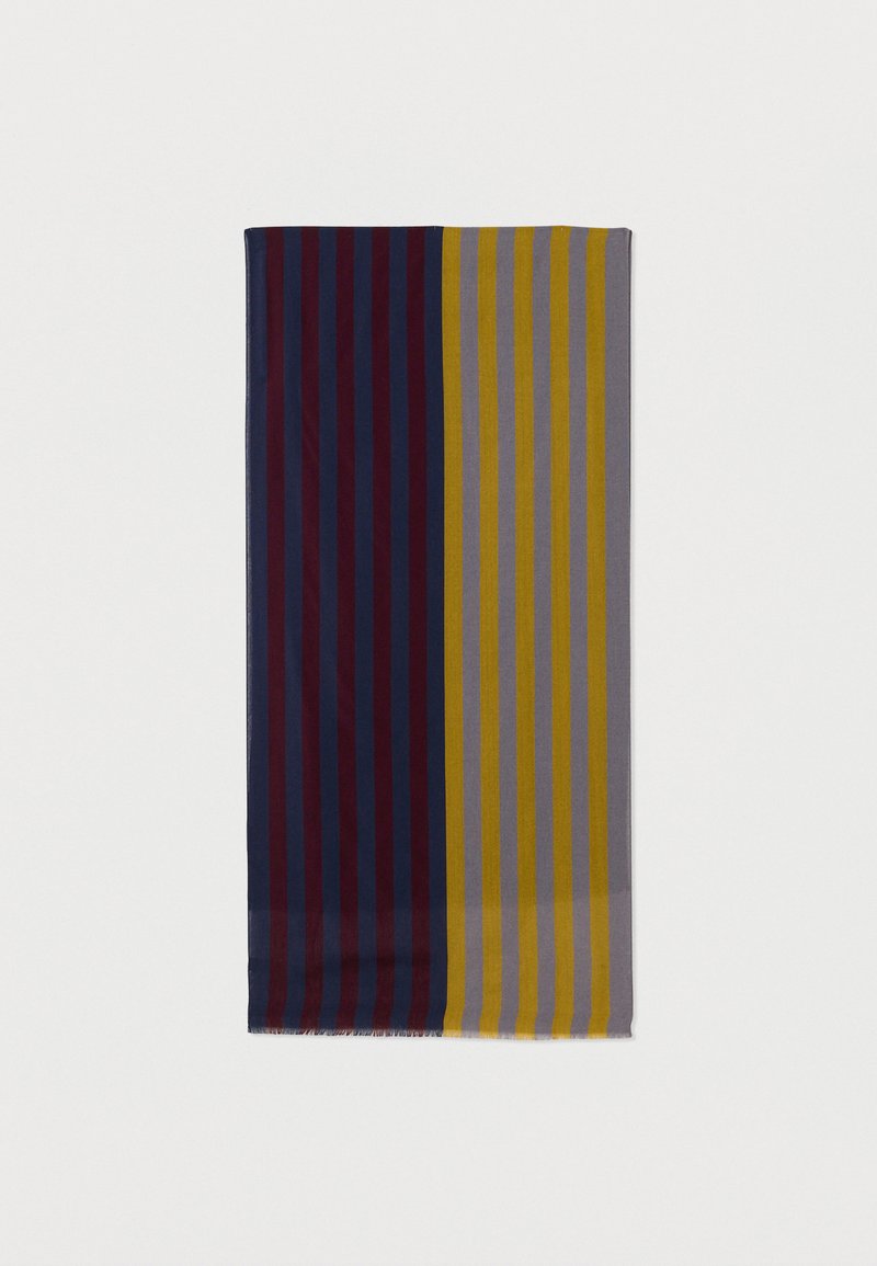 Ορθογώνιο κασκόλ με κάθετες ρίγες, αριστερή πλευρά σε σκούρο μπλε και μαρόν, δεξιά πλευρά σε κίτρινο και ανοιχτό γκρι.