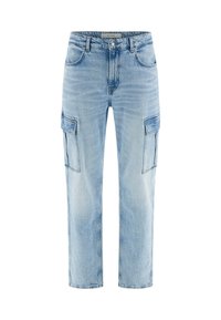 Pantaloni cargo in denim azzurro chiaro con vestibilità rilassata, dotati di due tasche laterali e cuciture a contrasto. Design classico a cinque tasche.