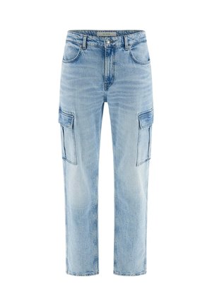 Lichtblauwe denim cargo pants met een ontspannen pasvorm, voorzien van twee zijzakken en contrasterende stiksels. Klassiek vijf-pocket ontwerp.