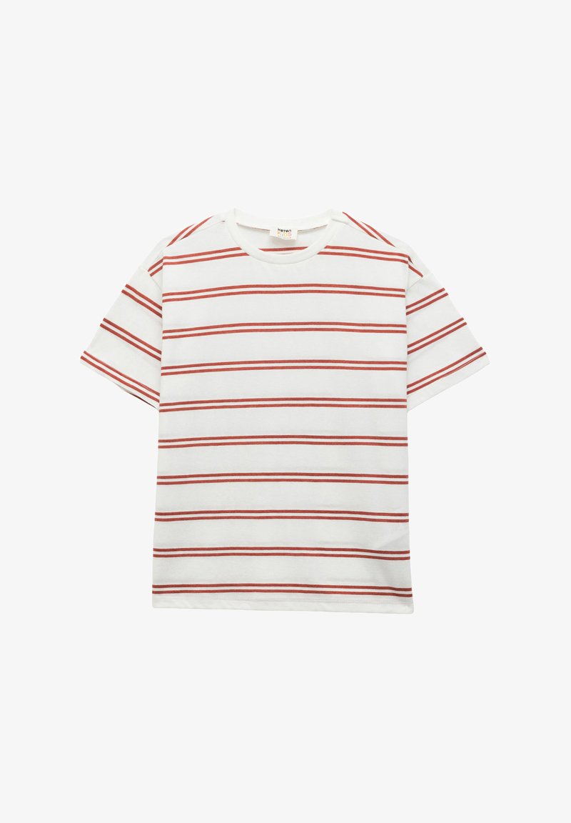 White short-sleeve t-shirt featuring red horizontal stripes, crew neckline, and a soft cotton texture. Simple design with no additional accents.