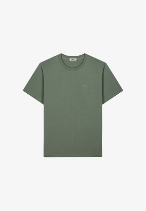 Plain olive green short-sleeve crewneck T-shirt with a small embossed logo on the left chest and a branded inner collar label.