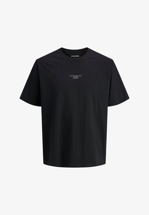 Sort kortærmet t-shirt lavet af bomuld, med rund halsudskæring og minimalistisk tekstdesign på fronten. Enkel, afslappet pasform.