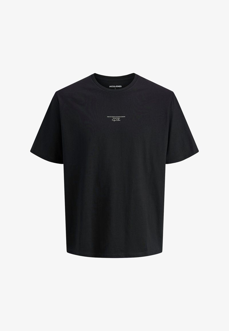 Camiseta negra de manga corta hecha de algodón, con cuello redondo y diseño de texto minimalista en el frente. Corte simple y relajado.