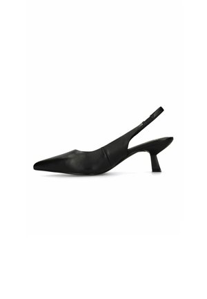Escarpin slingback en cuir noir avec bout pointu et petit talon haut incurvé.