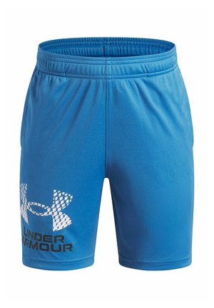 Blaue Sportshorts mit elastischem Bund und großem weißem und schwarzem Under Armour-Logo am linken Bein.