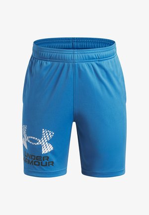 Blauwe sportshorts met elastische tailleband en een groot wit-zwart Under Armour-logo op het linkerbeen.