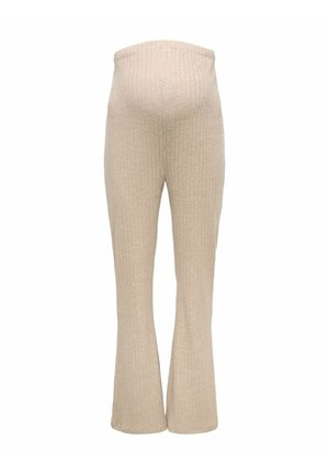 Pantalon de maternité en tricot côtelé beige avec une taille haute et des jambes légèrement évasées, présenté sur fond blanc.