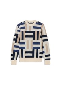Gebreide trui met een geometrisch patroon in marineblauw, beige en crèmekleurig. Ronde hals, geribde zoom en manchetten. Zachte textuur, casual pasvorm.