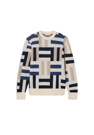 Pull en tricot avec un motif géométrique dans des tons de bleu marine, beige et crème. Col rond, ourlet et poignets côtelés. Texture douce, coupe décontractée.