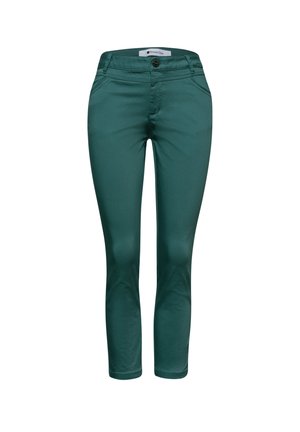 Pantalones ajustados de mujer de color verde oscuro con botón frontal y dos bolsillos laterales, largo hasta el tobillo.