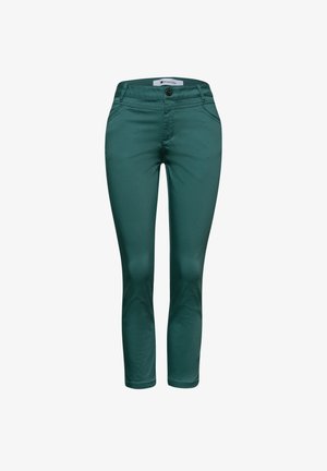 Pantalones ajustados de mujer de color verde oscuro con botón frontal y dos bolsillos laterales, largo hasta el tobillo.