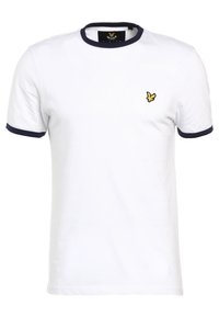 Vit bomullströja med marinblå ribbad krage och manschetter. Har en liten broderad logo i gult på bröstet. Klassisk design.