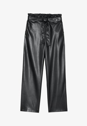 Juoda dirbtinės odos plačių kojų kelnės su elastingu, pūkuotu liemeniu ir nuimamu raišteliu. Lygus paviršius ir minimalus blizgesys.