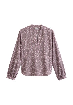 Langärmlige Bluse mit pink-weißem Blumenmuster, rundem Ausschnitt mit Schlitz vorne und elastischen Bündchen.