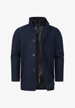Navy wool blend coat featuring a notched collar, button closure, front pockets, and a quilted lining for added warmth.