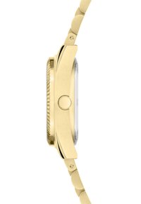 Goldfarbene Armbanduhr mit einem polierten Gehäuse, strukturiertem Kronenaufsatz, flachen Kristall und einem glatten Gliederarmband. Schlankes und minimalistisches Design.