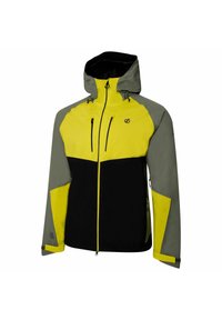 Veste résistante aux intempéries jaune et grise avec capuche, dotée de poches zippées et d'un design bicolore avec des accents noirs.