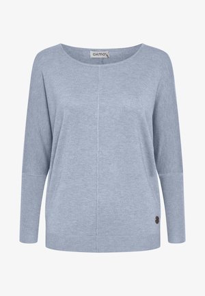 Light blue, long-sleeve sweater in soft knit fabric. Features a boat neckline, ribbed cuffs, and a small logo accent on the bottom left.
