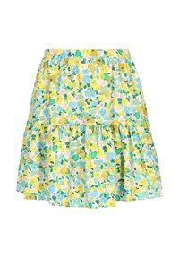 Gonna floreale con design a strati, con base gialla, foglie verdi e fiori blu e rosa. Vita elastica per maggiore comfort.