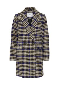 Lange dubbelzijdige geruite jas met een beige, zwarte en blauwe houndstooth patroon, notch revers en twee voorkruiszakken.