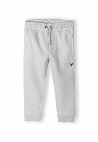 Gray cotton sweatpants with elastic waistband and drawstring. Features two side pockets and a small black deer logo on the left thigh.