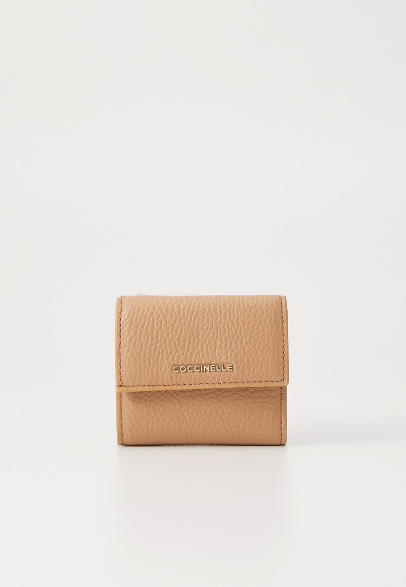 Brown leather wallet with a textured finish, featuring a flap closure. Gold logo embossed on the front. Compact rectangular design.