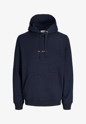 Tumesinine kapuutsiga dressipluus esikülje kängurutasku, paeltega ja väikese helepruuni tekstiga rinnal keskel.