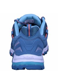 Blue hiking shoe with a textured upper, padded collar, and contrasting orange accents. Features a rugged sole for traction.