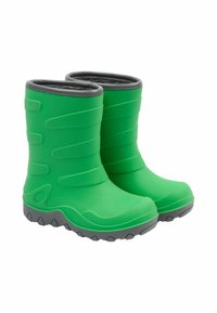 Bottes en caoutchouc vertes avec une texture lisse, dotées d'une semelle grise et de lignes horizontales sur la tige pour une meilleure adhérence et un détail de design.