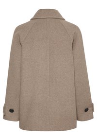 Brown wool coat with a collar, raglan sleeves, and buttoned cuffs. Features a clean back design and textured finish.