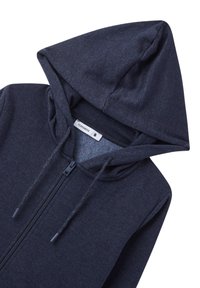 Felpa con cappuccio e zip di colore blu scuro. Tessuto morbido con una superficie liscia, cordini regolabili sul cappuccio e un'etichetta che indica la taglia S.