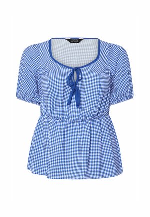 Blå og hvid gingham bluse med korte ærmer, firkantet halsudskæring, snor i taljen og flagrende kant. Lavet af letvægts bomuldsstof.
