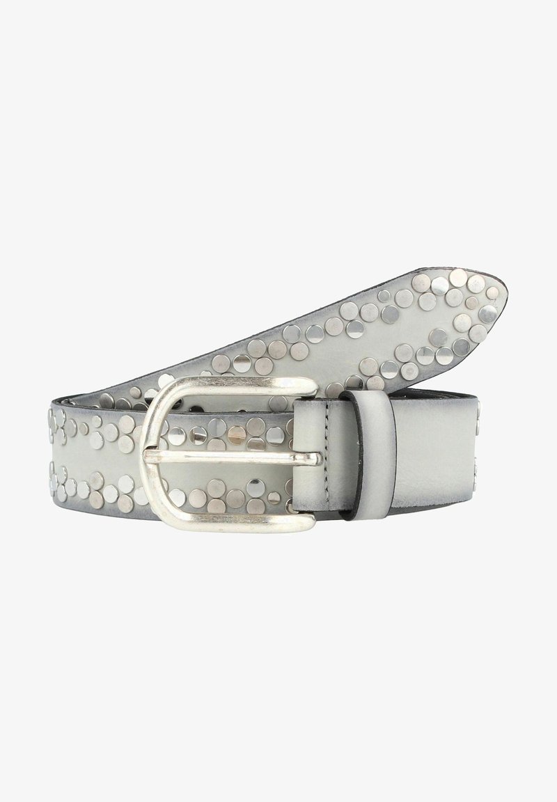 Cintura in pelle grigia con una fibbia metallica argentata e borchie rotonde disposte in un motivo lungo la cinghia. Texture liscia con un design piatto.
