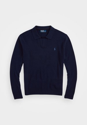 Navy blue long-sleeve polo sweater made from soft material, featuring a collared neck and a small embroidered logo on the left chest.