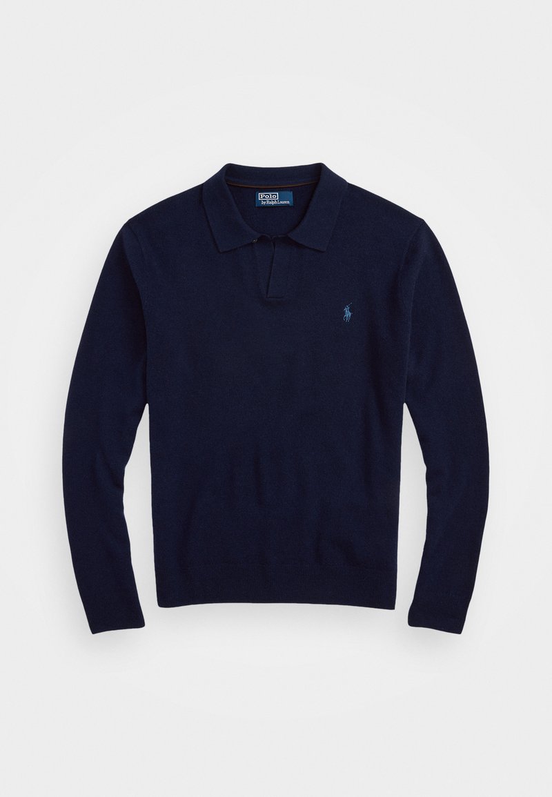 Pull polo bleu marine à manches longues en matière douce, doté d'un col et d'un petit logo brodé sur la poitrine gauche.