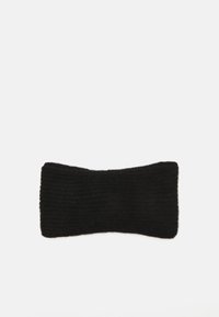 Fascia per capelli nera in maglia con strisce testurizzate, forma rettangolare e bordi arrotondati, progettata per tenere i capelli in posizione.