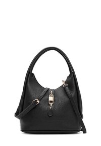 Borsa a mano in pelle nera con una finitura strutturata, forma arrotondata, doppi manici e hardware color oro. Include una tracolla regolabile.