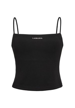 Czarna krótka koszulka na cienkich ramiączkach z białym nadrukiem "LAMANIA" na piersi, prosty design na białym tle.