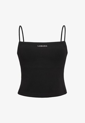 Czarna krótka koszulka na cienkich ramiączkach z białym nadrukiem "LAMANIA" na piersi, prosty design na białym tle.