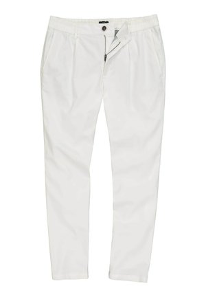 Bílé, úzké kalhoty vyrobené z hladkého materiálu s elastickým pasem, zapínáním na zip a předními kapsami. Bezešvý design bez viditelných vzorů.