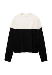 Black and cream knitted sweater with a lightweight, cropped design. Features long sleeves and contrasting horizontal color blocks.