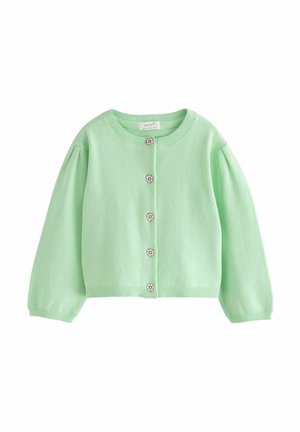 Cardigan vert clair à manches longues, col rond et cinq boutons en forme de fleur sur le devant.