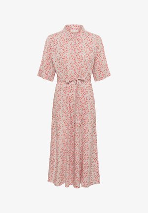 Bloemen midi-jurk van lichte stof met korte mouwen, kraaghals en een strikceintuur. Heeft een roze en rode bloemenpatroon op een crèmekleurige achtergrond.