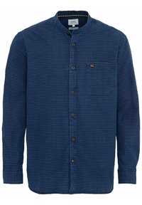 Navy napattu paita, jossa on hienostuneet vaakaraitat, pitkät hihat, kauluspanta ja yksi rintatasku logoyksityiskohdalla.