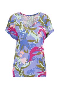 Lyhythihainen, V-pääntie t-paita vaaleanpunaisella värillä, jossa on kukkakuosi, johon kuuluu vaaleanpunaisia, sinisiä ja vihreitä lehtiä ja kukkia. Pehmeä kankaan rakenne.